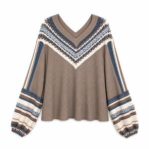 Free People Boho Knit Sweater V Neck Striped Sleeve Slouchy Small